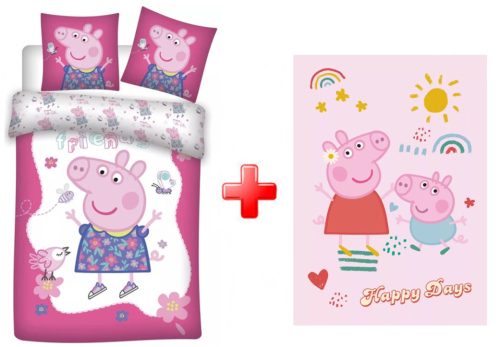 Peppa malac Happy Day gyerek ágyneműhuzat (100x135 cm, 40x60cm) és polár takaró  (100x140cm) szett