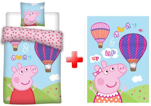 Peppa malac Hot Air Balloon gyerek ágyneműhuzat (100x140 cm, 40x45cm) és polár takaró (100x140cm) szett