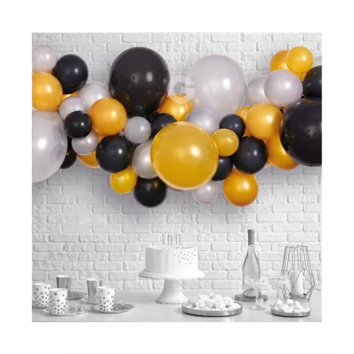 Silver-Gold-Black, Ezüst-Arany-Fekete léggömb, lufi girland szett 65 db-os