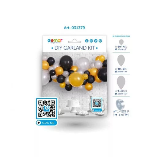 Silver-Gold-Black, Ezüst-Arany-Fekete léggömb, lufi girland szett 65 db-os
