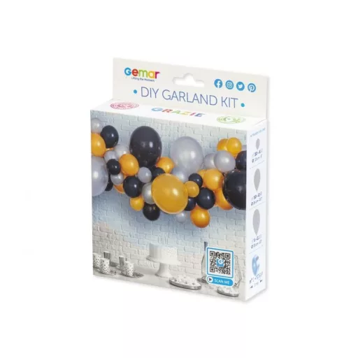 Silver-Gold-Black, Ezüst-Arany-Fekete léggömb, lufi girland szett 65 db-os