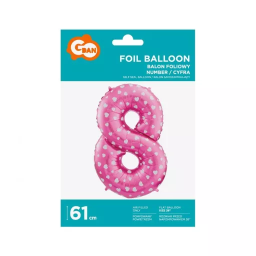 Pink with Hearts, Rózsaszín 8-as szám fólia lufi 61 cm