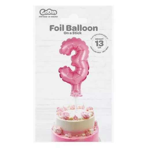 Pink, Rózsaszín 3-as szám fólia lufi tortára 13cm