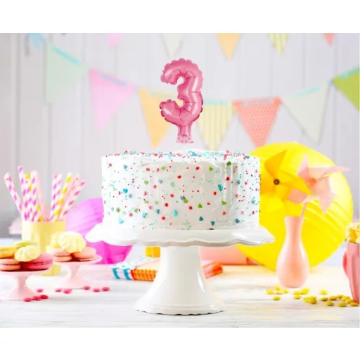 Pink, Rózsaszín 3-as szám fólia lufi tortára 13cm