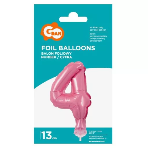 Pink, Rózsaszín 4-es szám fólia lufi tortára 13cm