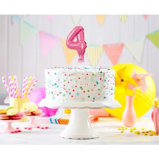 Pink, Rózsaszín 4-es szám fólia lufi tortára 13cm