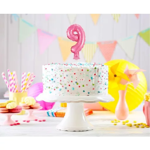 Pink, Rózsaszín 9-es szám fólia lufi tortára 13cm