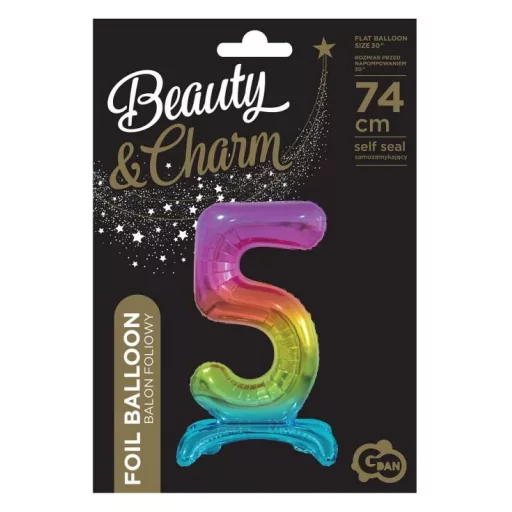 Rainbow, Színes 5-ös szám fólia lufi talppal 74cm