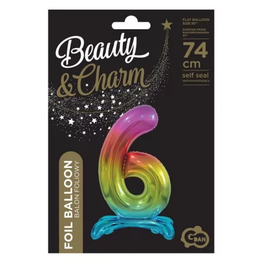 Rainbow, Színes 6-os szám fólia lufi talppal 74cm