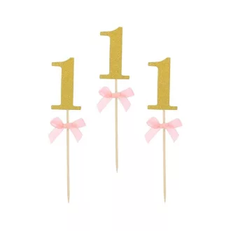 Pink 1st Birthday díszítő pálca, topper 10 db-os