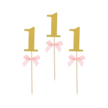 Pink 1st Birthday díszítő pálca, topper 10 db-os