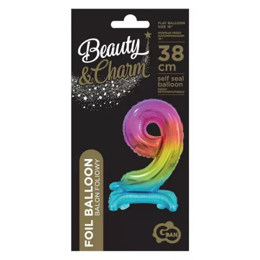 Rainbow, Színes mini 9-es szám fólia lufi talppal 38cm