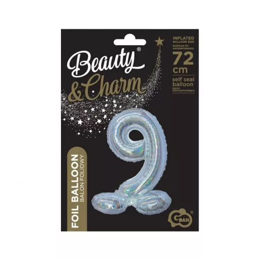 Holographic Silver, Ezüst 9-es szám fólia lufi talppal 72 cm