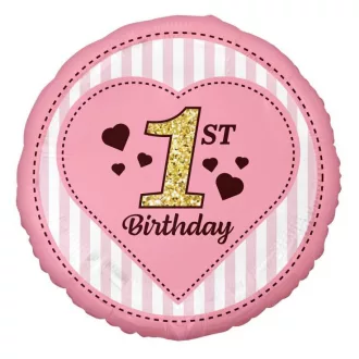 1st Birthday Pink, Első születésnap fólia lufi 36 cm