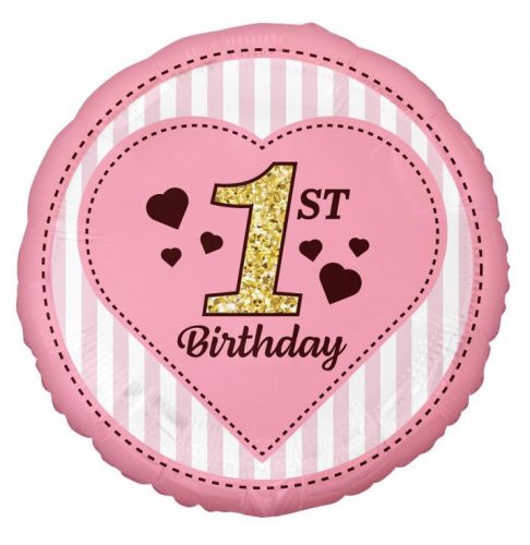 1st Birthday Pink, Első születésnap fólia lufi 36 cm