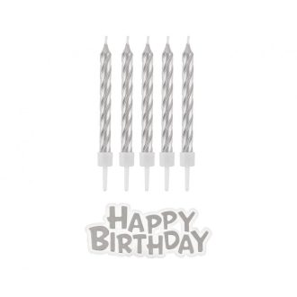 B&C Silver, Ezüst Happy Birthday gyertya szett 16 db-os