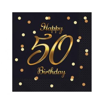 B&C Happy Birthday Black-Gold 50 szalvéta 20 db-os 33x33 cm