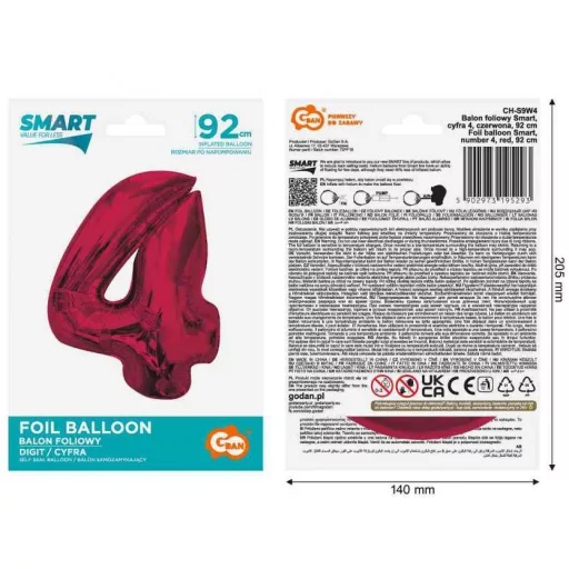 Piros 4-es Red szám fólia lufi 92cm