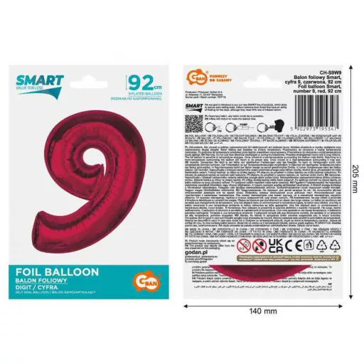 Piros 9-es Red szám fólia lufi 92cm