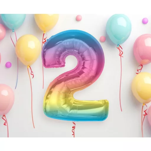 Színes 2-es Rainbow szám fólia lufi 92cm