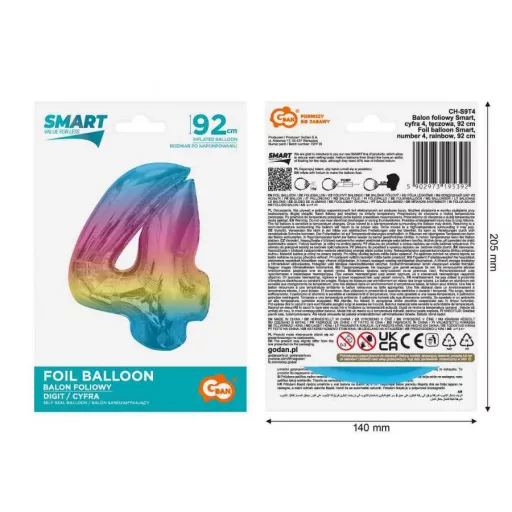 Színes 4-es Rainbow szám fólia lufi 92cm