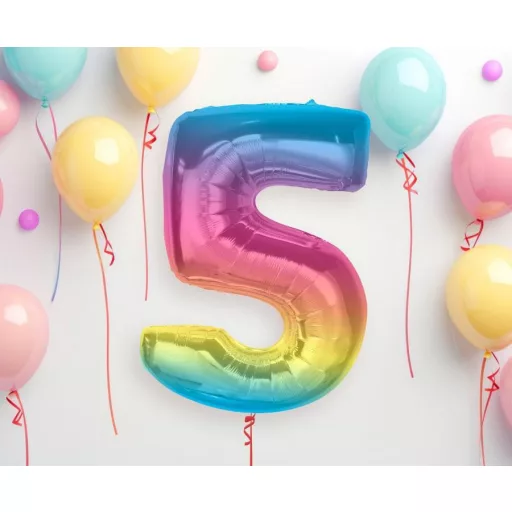 Színes 5-ös Rainbow szám fólia lufi 92cm