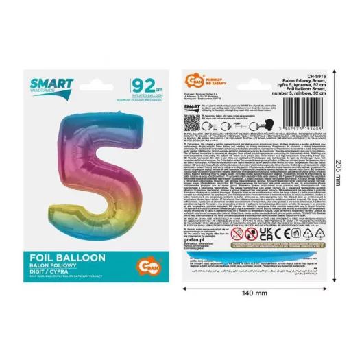 Színes 5-ös Rainbow szám fólia lufi 92cm