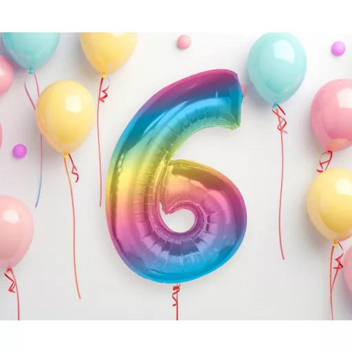 Színes 6-os Rainbow szám fólia lufi 92cm