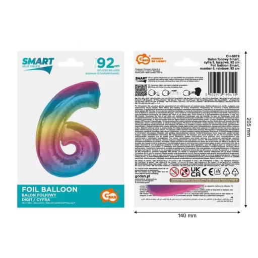 Színes 6-os Rainbow szám fólia lufi 92cm