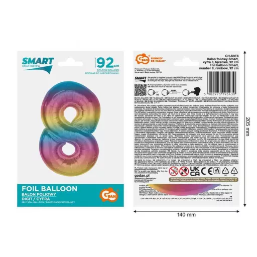 Színes 8-as Rainbow szám fólia lufi 92cm