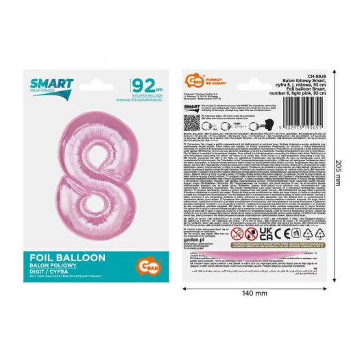 Rózsaszín 8-as Light Pink szám fólia lufi 92cm
