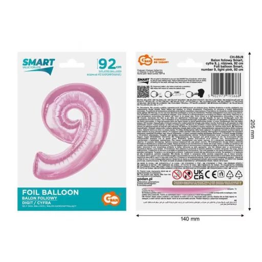 Rózsaszín 9-es Light Pink szám fólia lufi 92cm