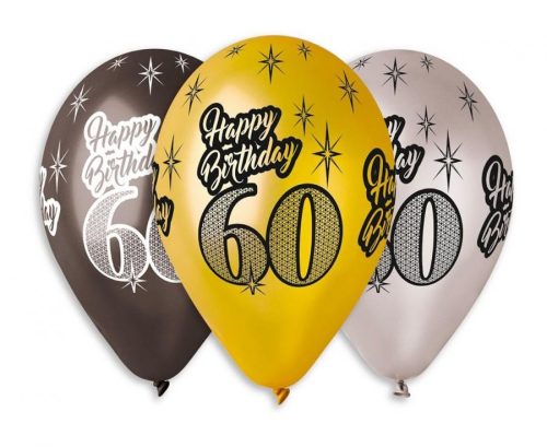 Happy Birthday 60 Metallic léggömb, lufi 6 db-os 12 inch 30 cm