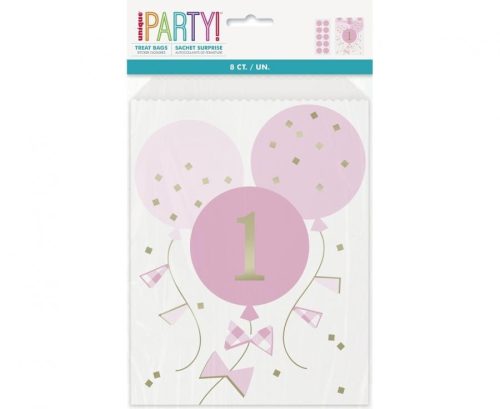 Pink 1st Birthday Party bags, Papírzacskó 8 db-os