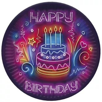 Happy Birthday Neon Cake papírtányér 8 db-os 18cm