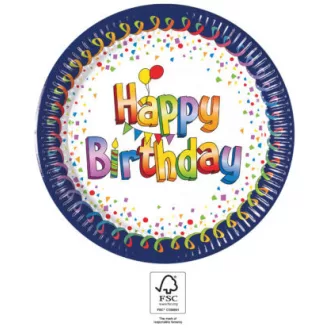 Multicolor Happy Birthday papírtányér 8 db-os 23 cm FSC