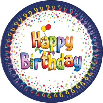Multicolor Happy Birthday papírtányér 8 db-os 20 cm FSC