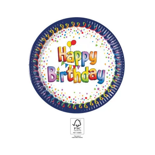 Multicolor Happy Birthday papírtányér 8 db-os 20 cm FSC