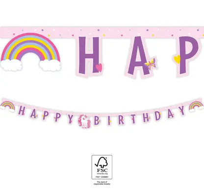 Unicorn Rainbow Colors, Unikornis Happy Birthday felirat FSC 2 m