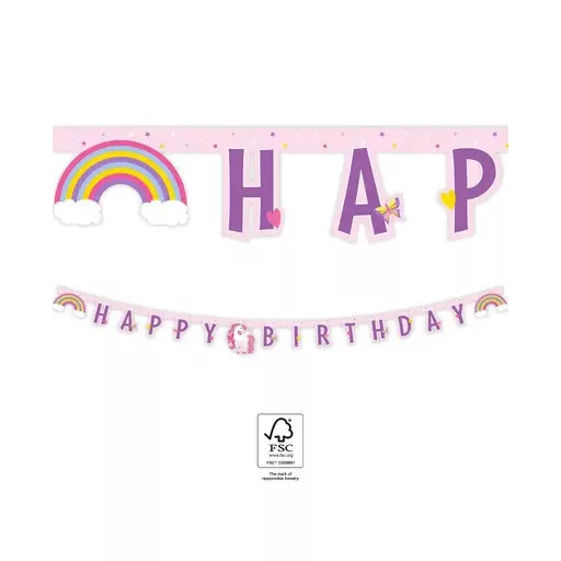 Unicorn Rainbow Colors, Unikornis Happy Birthday felirat FSC 2 m