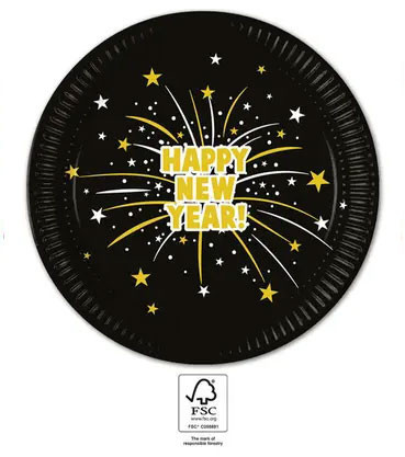 Happy New Year Flares papírtányér 8 db-os 23cm FSC