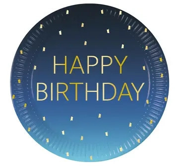 Happy Birthday Golden Blue papírtányér 8 db-os 23cm FSC