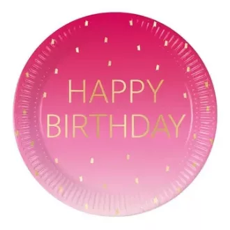 Happy Birthday Golden Pink papírtányér 8 db-os 23cm FSC
