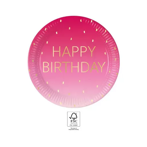 Happy Birthday Golden Pink papírtányér 8 db-os 23cm FSC