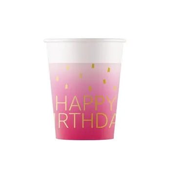 Happy Birthday Golden Pink papír pohár 8 db-os 200ml FSC